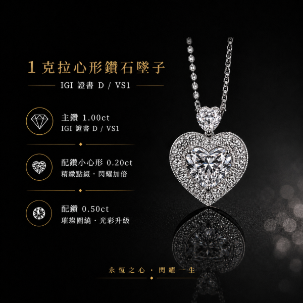 實驗室鑽石心形墜子1克拉D.vs1 