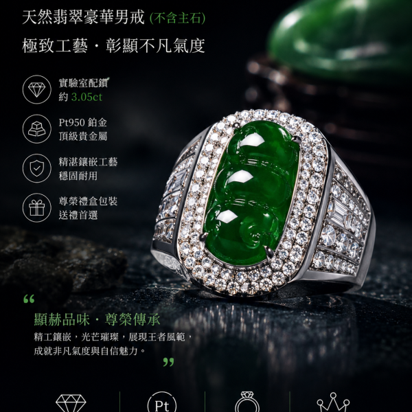 實驗室鑽石圓形空台男戒(不含翡翠) 